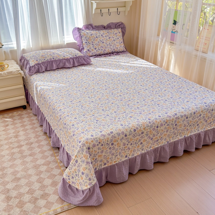 91家纺网 家纺一手货源 找家纺 仟网汇 2026新款密拷花边款法式泡芙纱夏被四件套夏被床盖四件套 紫罗兰