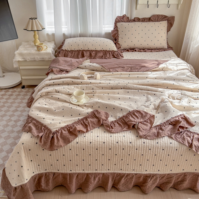 91家纺网 家纺一手货源 找家纺 仟网汇 2026新款密拷花边款法式泡芙纱夏被四件套夏被床盖四件套 奶油啵啵