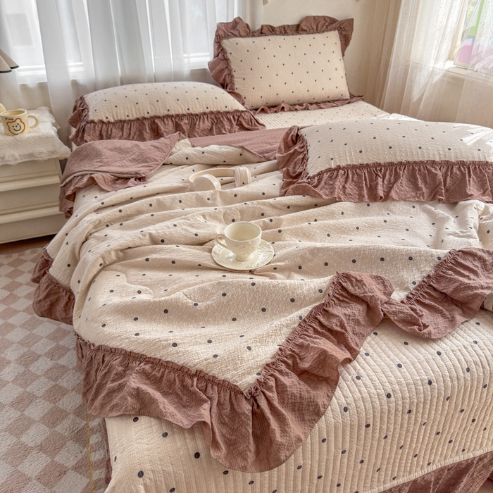 91家纺网 家纺一手货源 找家纺 仟网汇 2026新款密拷花边款法式泡芙纱夏被四件套夏被床盖四件套 奶油啵啵