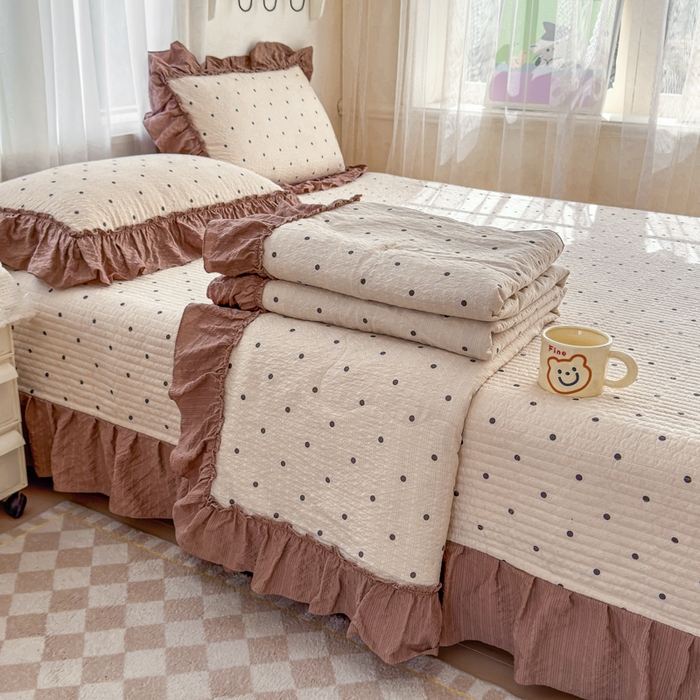 91家纺网 家纺一手货源 找家纺 仟网汇 2026新款密拷花边款法式泡芙纱夏被四件套夏被床盖四件套 奶油啵啵