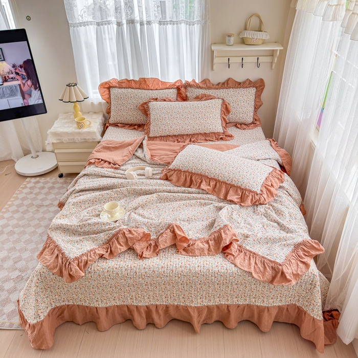 91家纺网 家纺一手货源 找家纺 仟网汇 2026新款密拷花边款法式泡芙纱夏被四件套夏被床盖四件套 好柿发生