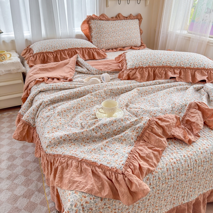 91家纺网 家纺一手货源 找家纺 仟网汇 2026新款密拷花边款法式泡芙纱夏被四件套夏被床盖四件套 好柿发生