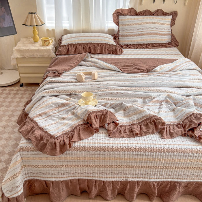 91家纺网 家纺一手货源 找家纺 仟网汇 2026新款密拷花边款法式泡芙纱夏被四件套夏被床盖四件套 波西米亚