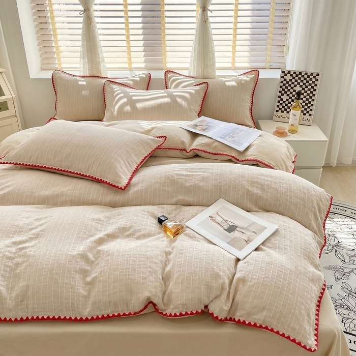 91家纺网 家纺一手货源 找家纺 （总）韩秀家纺 2026新款阳离子贝壳绣四件套亚麻风双层纱色织提花四件套