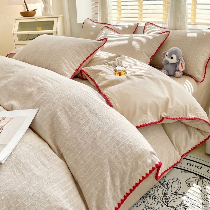 91家纺网 家纺一手货源 找家纺 （总）韩秀家纺 2026新款阳离子贝壳绣四件套亚麻风双层纱色织提花四件套,可可高雅灰,可可奶咖,可可樱花粉,可可青果绿