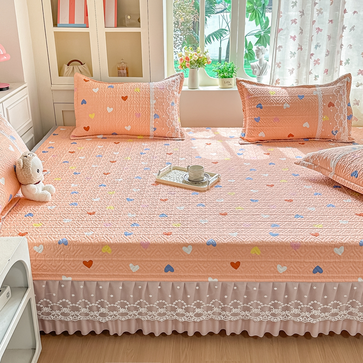 91家纺网 家纺一手货源 找家纺 手艺人家纺 2026新款四季通用榻榻米纯棉床盖专用防滑夹棉绗缝床单坑盖炕罩垫子可机洗定制 心心相印