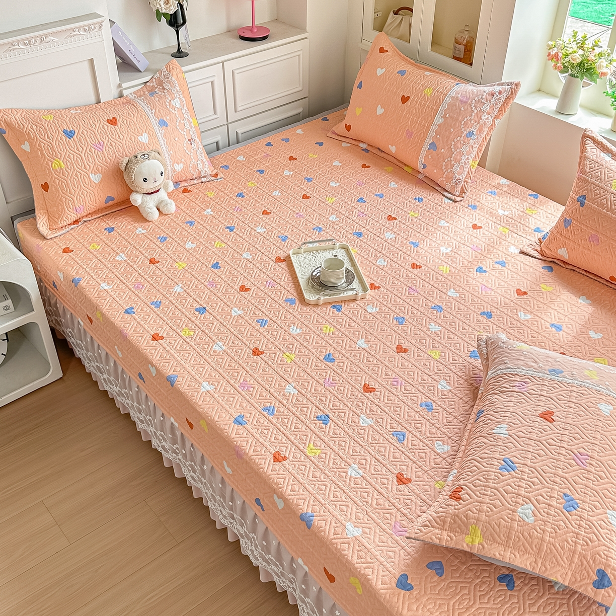 91家纺网 家纺一手货源 找家纺 手艺人家纺 2026新款四季通用榻榻米纯棉床盖专用防滑夹棉绗缝床单坑盖炕罩垫子可机洗定制 心心相印