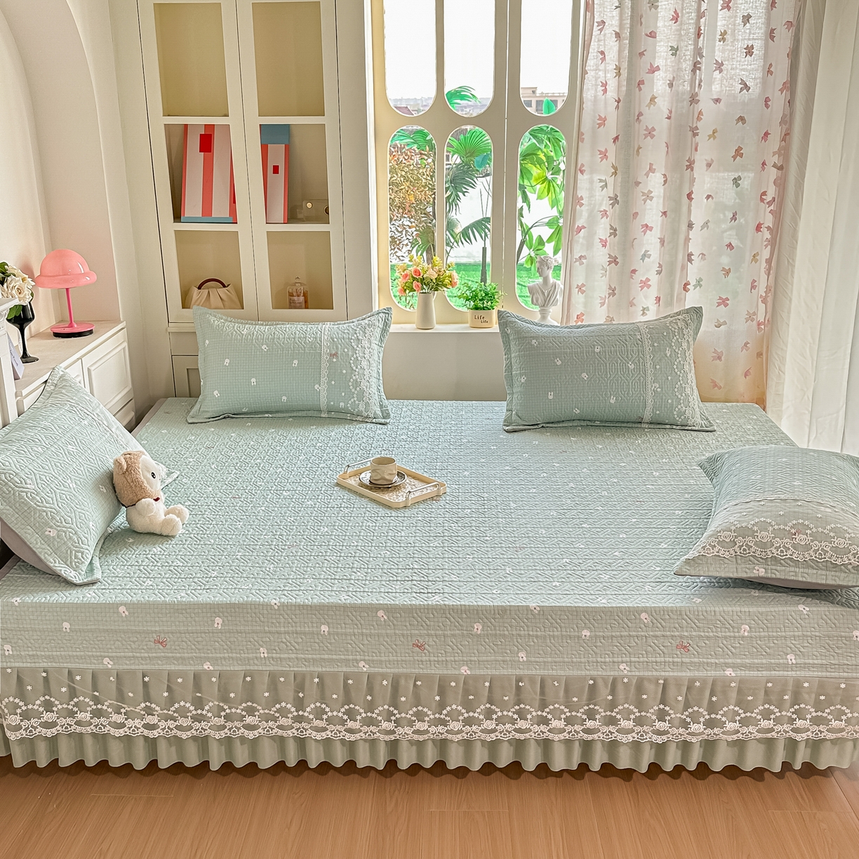 91家纺网 家纺一手货源 找家纺 手艺人家纺 2026新款四季通用榻榻米纯棉床盖专用防滑夹棉绗缝床单坑盖炕罩垫子可机洗定制 萌兔绿