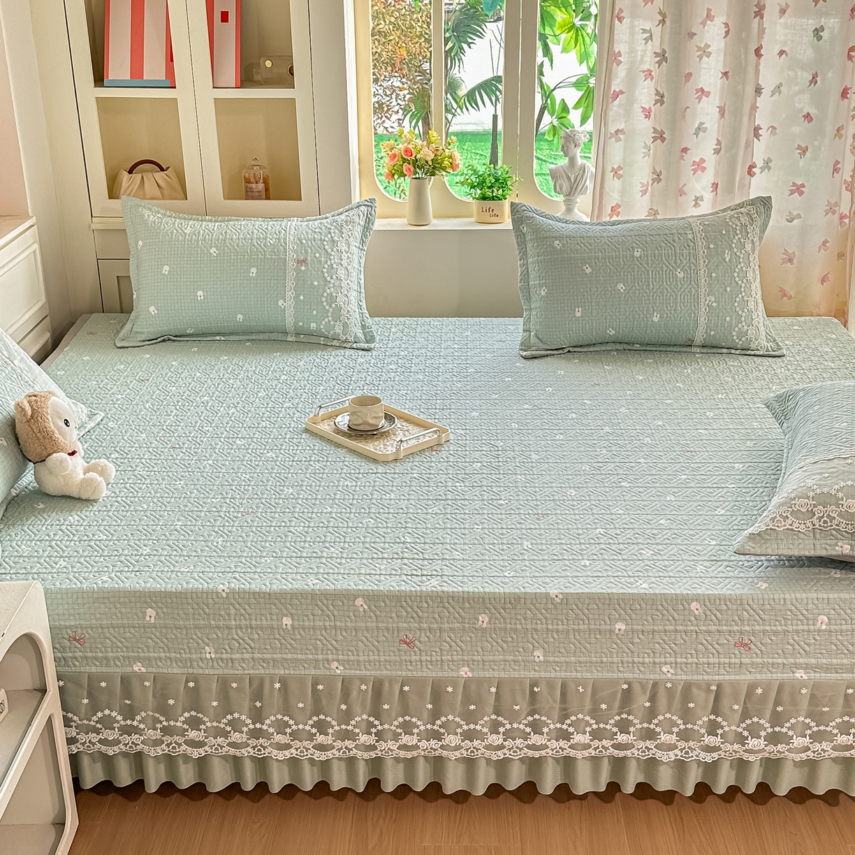 91家纺网 家纺一手货源 找家纺 手艺人家纺 2026新款四季通用榻榻米纯棉床盖专用防滑夹棉绗缝床单坑盖炕罩垫子可机洗定制 萌兔绿