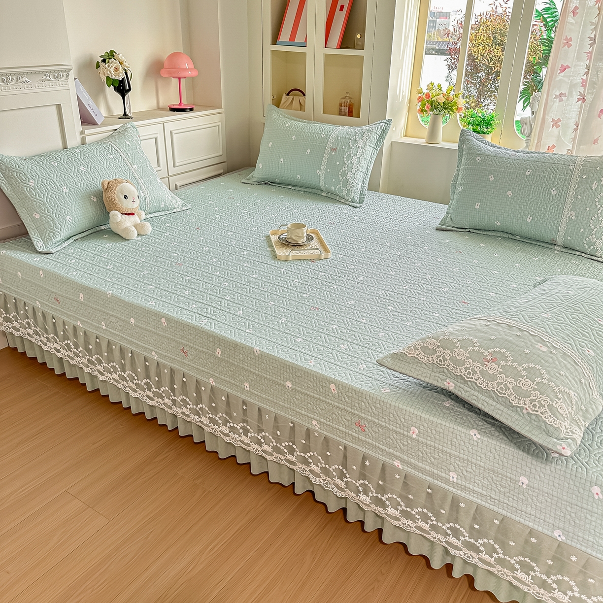 91家纺网 家纺一手货源 找家纺 手艺人家纺 2026新款四季通用榻榻米纯棉床盖专用防滑夹棉绗缝床单坑盖炕罩垫子可机洗定制 萌兔绿