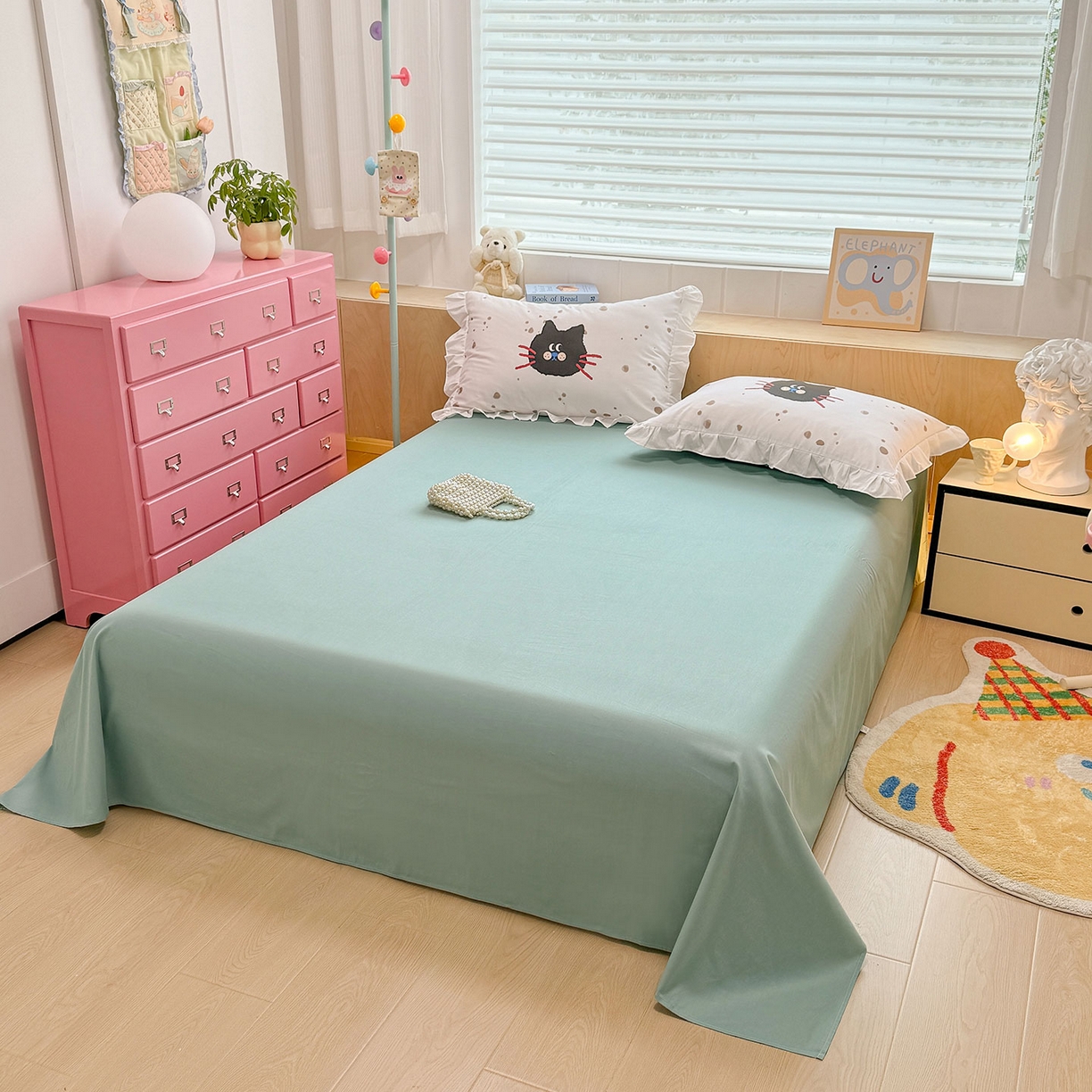 91家纺网 家纺一手货源 找家纺 玉元坊 2026新款儿童女孩卡通全棉纯棉花边被套床单床笠床裙三四件套床品 猫钓鱼