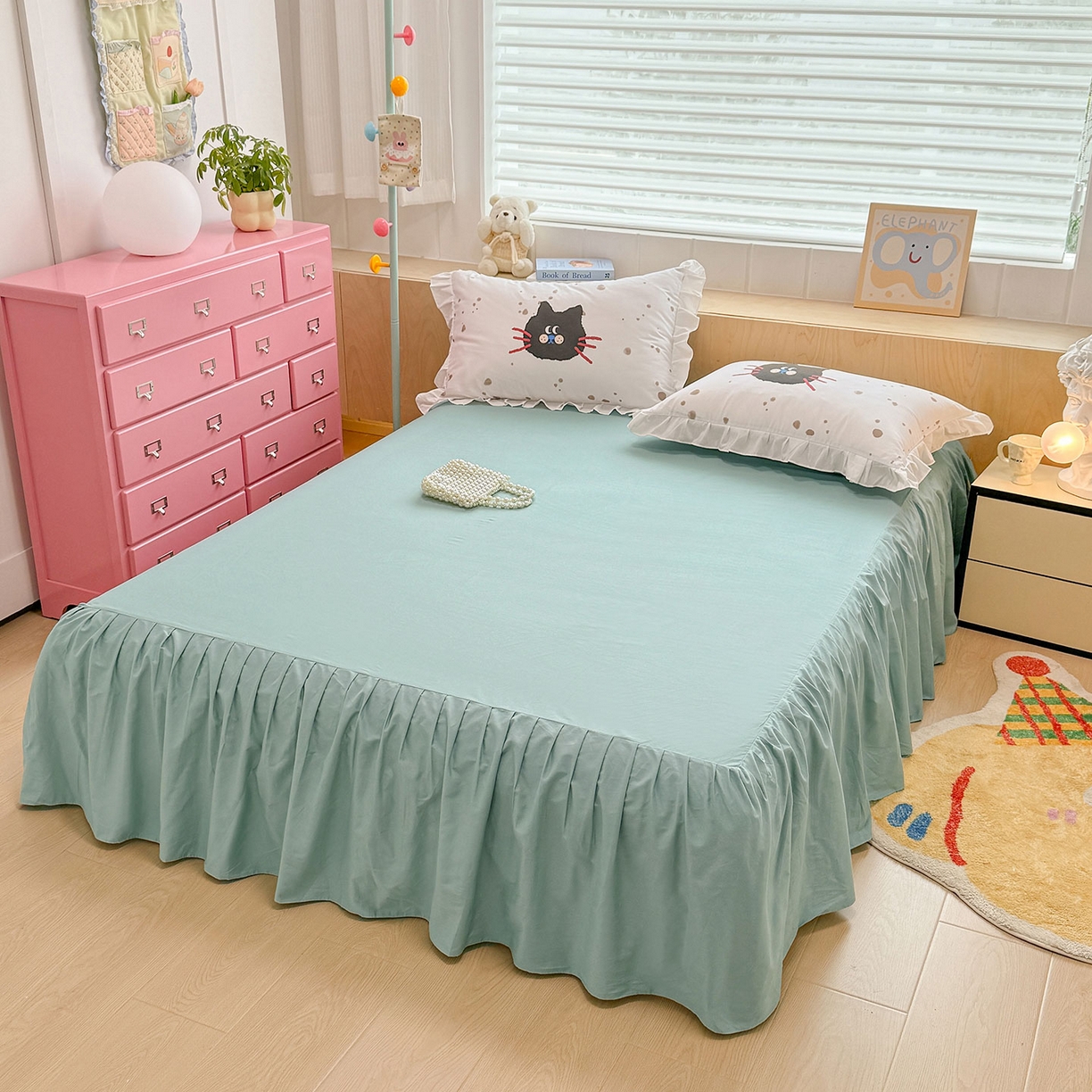 91家纺网 家纺一手货源 找家纺 玉元坊 2026新款儿童女孩卡通全棉纯棉花边被套床单床笠床裙三四件套床品 猫钓鱼