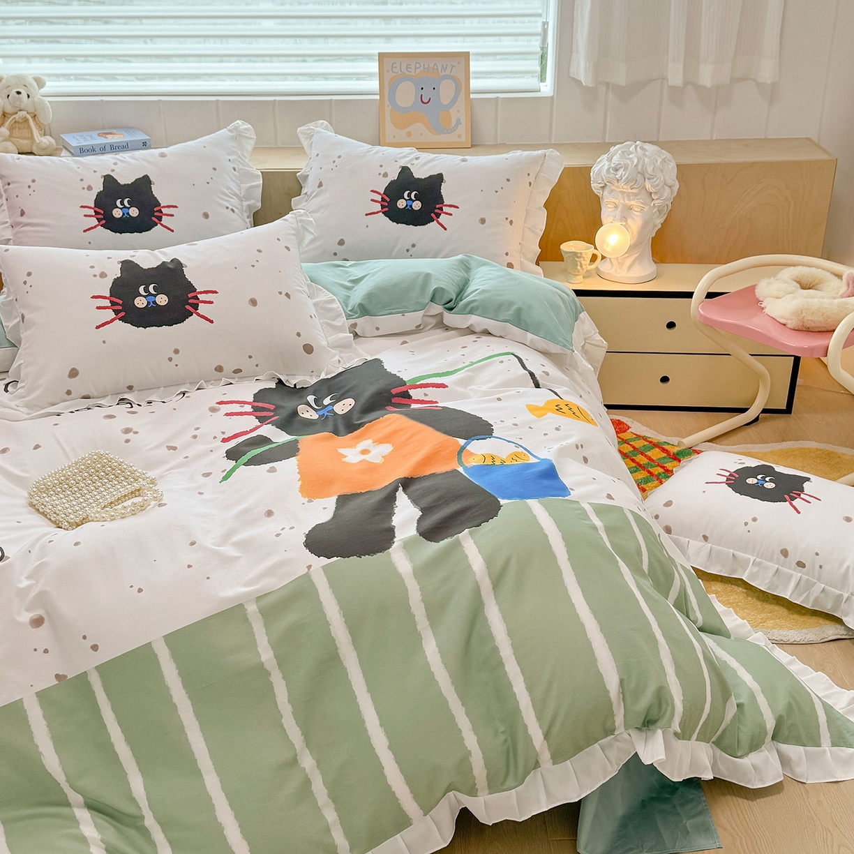 91家纺网 家纺一手货源 找家纺 玉元坊 2026新款儿童女孩卡通全棉纯棉花边被套床单床笠床裙三四件套床品 猫钓鱼