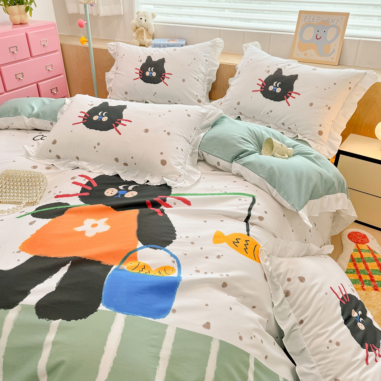 91家纺网 家纺一手货源 找家纺 玉元坊 2026新款儿童女孩卡通全棉纯棉花边被套床单床笠床裙三四件套床品 猫钓鱼