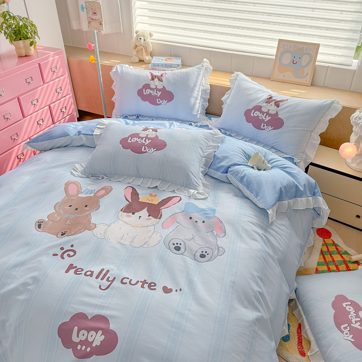 91家纺网 家纺一手货源 找家纺 玉元坊 2026新款儿童女孩卡通全棉纯棉花边被套床单床笠床裙三四件套床品 兔子伙伴