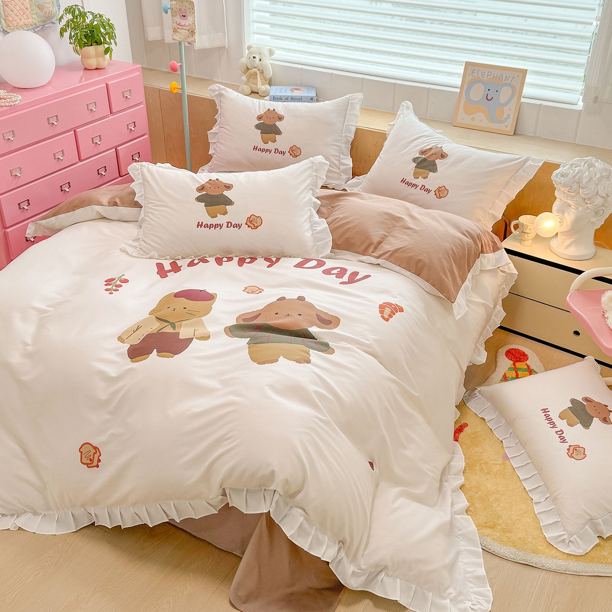 91家纺网 家纺一手货源 找家纺 玉元坊 2026新款儿童女孩卡通全棉纯棉花边被套床单床笠床裙三四件套床品 快乐小熊