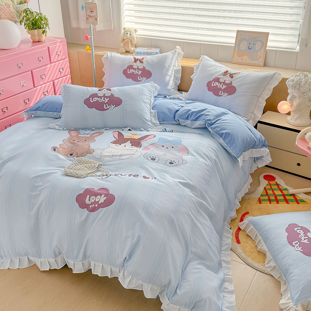 91家纺网 家纺一手货源 找家纺 玉元坊 2026新款儿童女孩卡通全棉纯棉花边被套床单床笠床裙三四件套床品 兔子伙伴