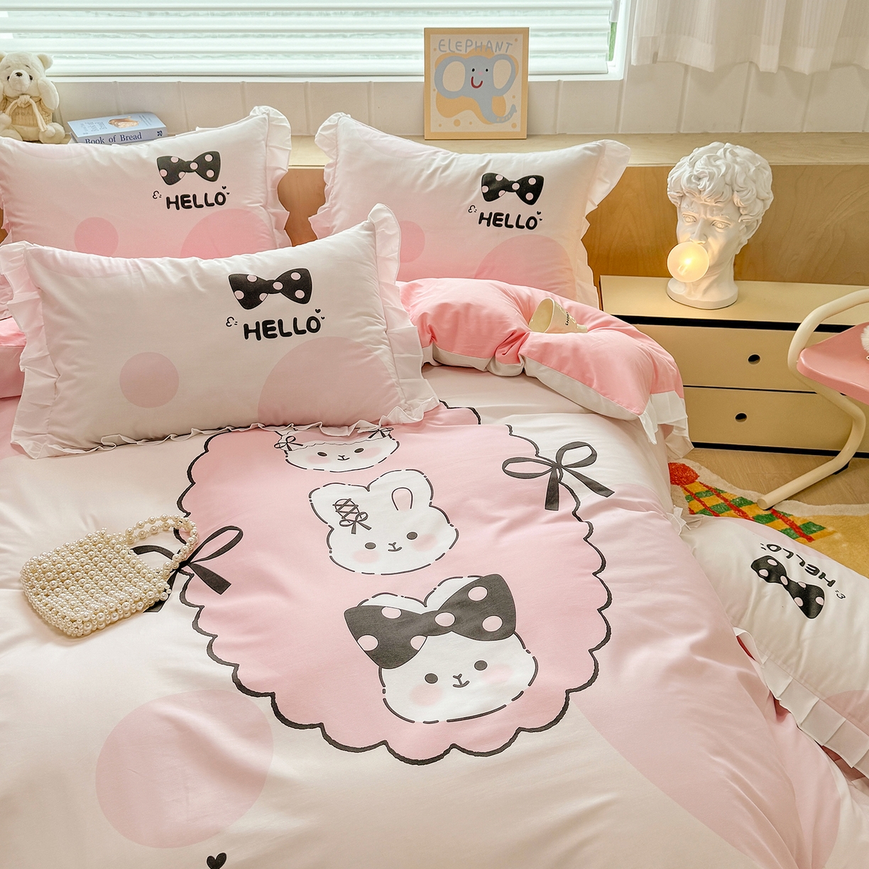 91家纺网 家纺一手货源 找家纺 玉元坊 2026新款儿童女孩卡通全棉纯棉花边被套床单床笠床裙三四件套床品 小萌兔