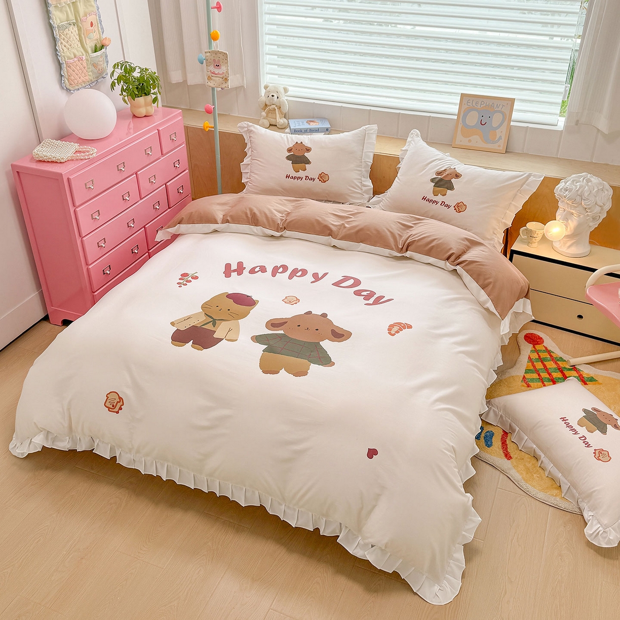 91家纺网 家纺一手货源 找家纺 玉元坊 2026新款儿童女孩卡通全棉纯棉花边被套床单床笠床裙三四件套床品 快乐小熊