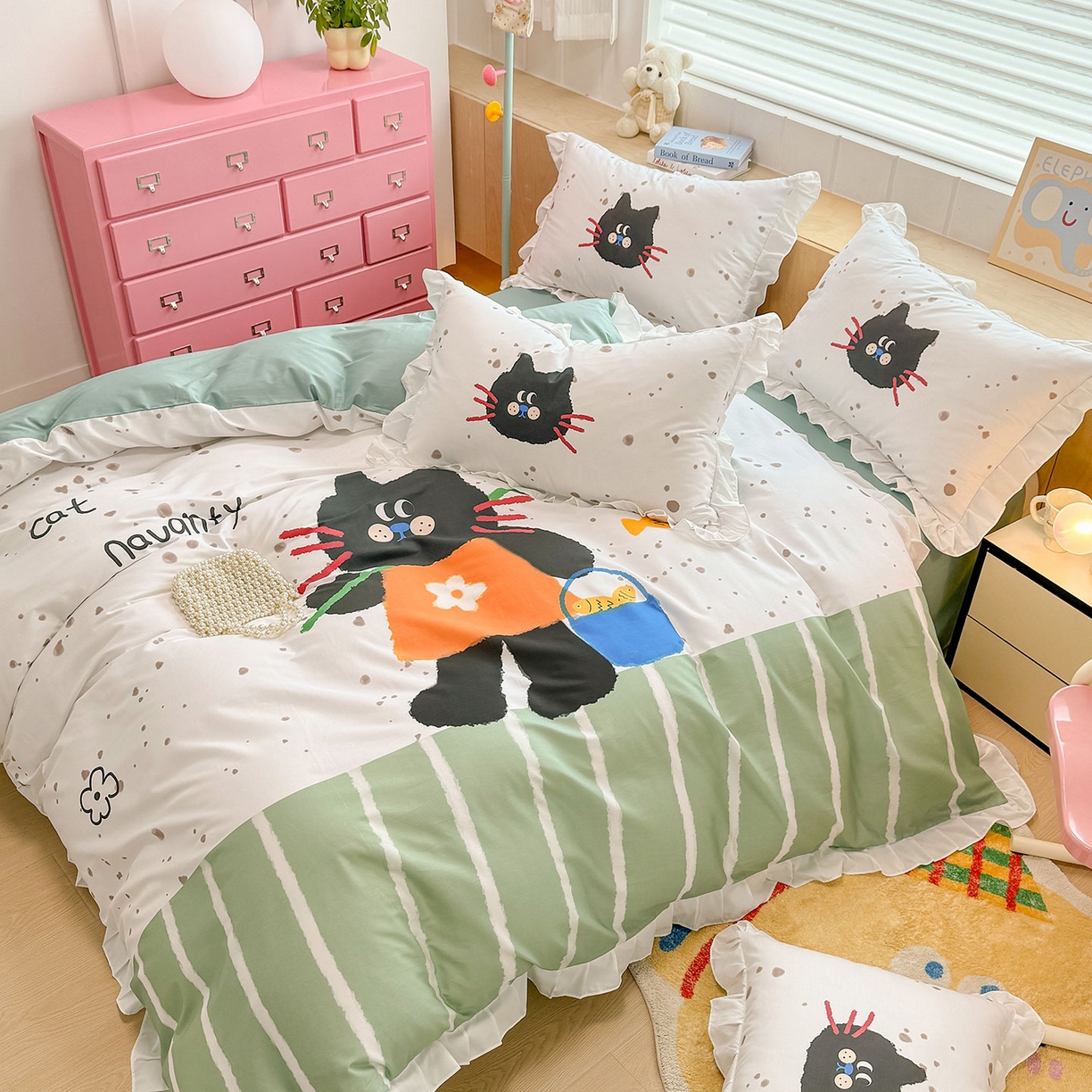 91家纺网 家纺一手货源 找家纺 玉元坊 2026新款儿童女孩卡通全棉纯棉花边被套床单床笠床裙三四件套床品 猫钓鱼