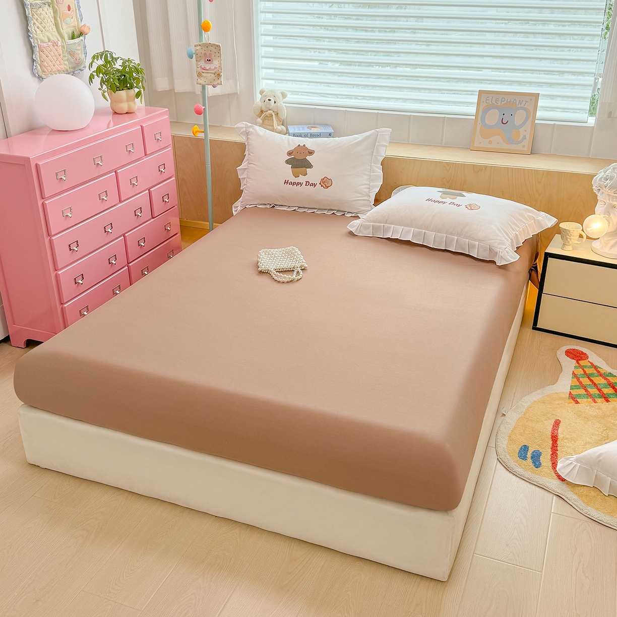 91家纺网 家纺一手货源 找家纺 玉元坊 2026新款儿童女孩卡通全棉纯棉花边被套床单床笠床裙三四件套床品 快乐小熊