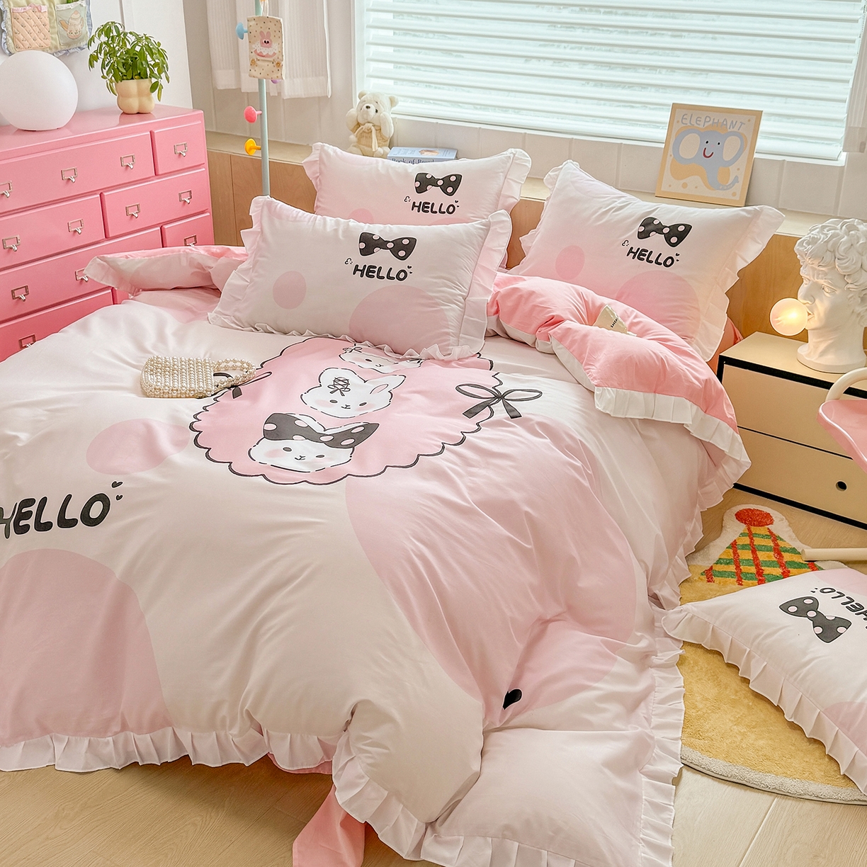 91家纺网 家纺一手货源 找家纺 玉元坊 2026新款儿童女孩卡通全棉纯棉花边被套床单床笠床裙三四件套床品 小萌兔