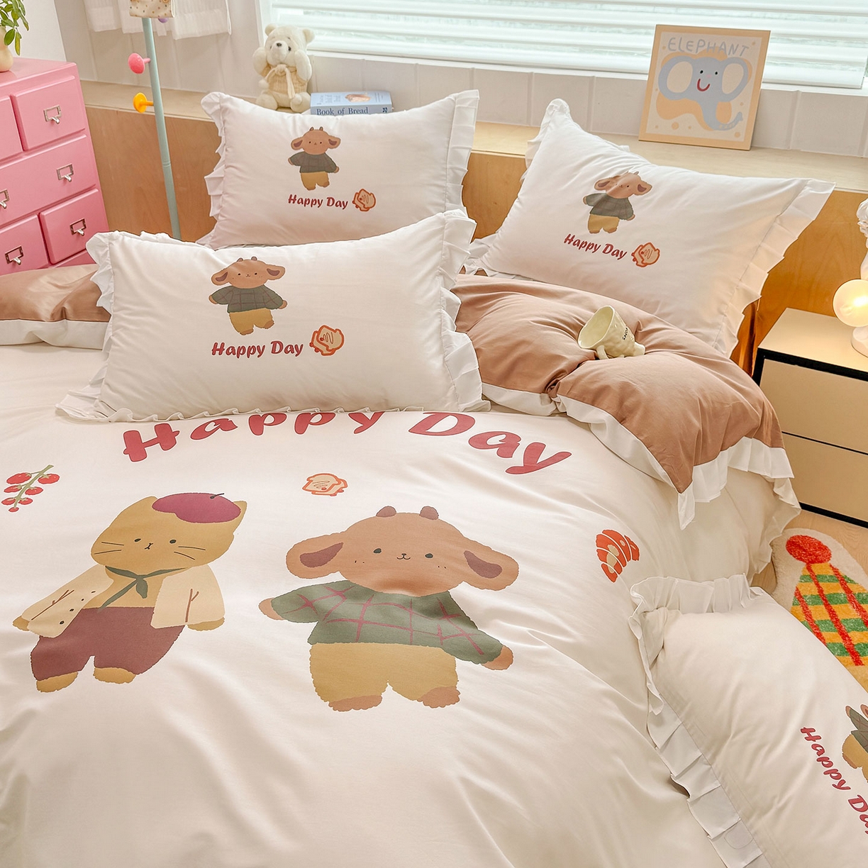 91家纺网 家纺一手货源 找家纺 玉元坊 2026新款儿童女孩卡通全棉纯棉花边被套床单床笠床裙三四件套床品 快乐小熊