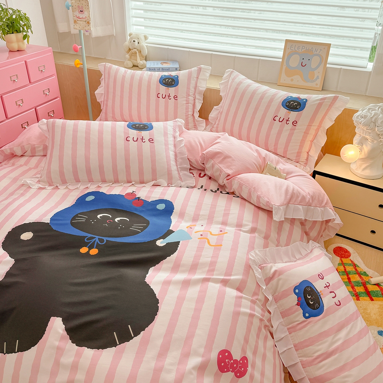 91家纺网 家纺一手货源 找家纺 玉元坊 2026新款儿童女孩卡通全棉纯棉花边被套床单床笠床裙三四件套床品 小黑猫