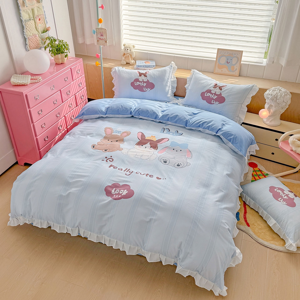 91家纺网 家纺一手货源 找家纺 玉元坊 2026新款儿童女孩卡通全棉纯棉花边被套床单床笠床裙三四件套床品 兔子伙伴