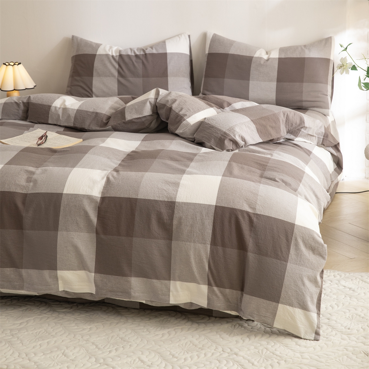 91家纺网 家纺一手货源 找家纺 （总）棉小二 2026新款全棉色织水洗棉四件套-暮色格韵