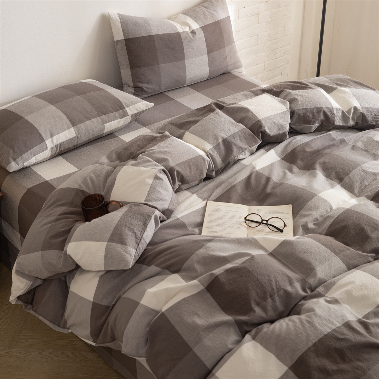 91家纺网 家纺一手货源 找家纺 （总）棉小二 2026新款全棉色织水洗棉四件套-暮色格韵