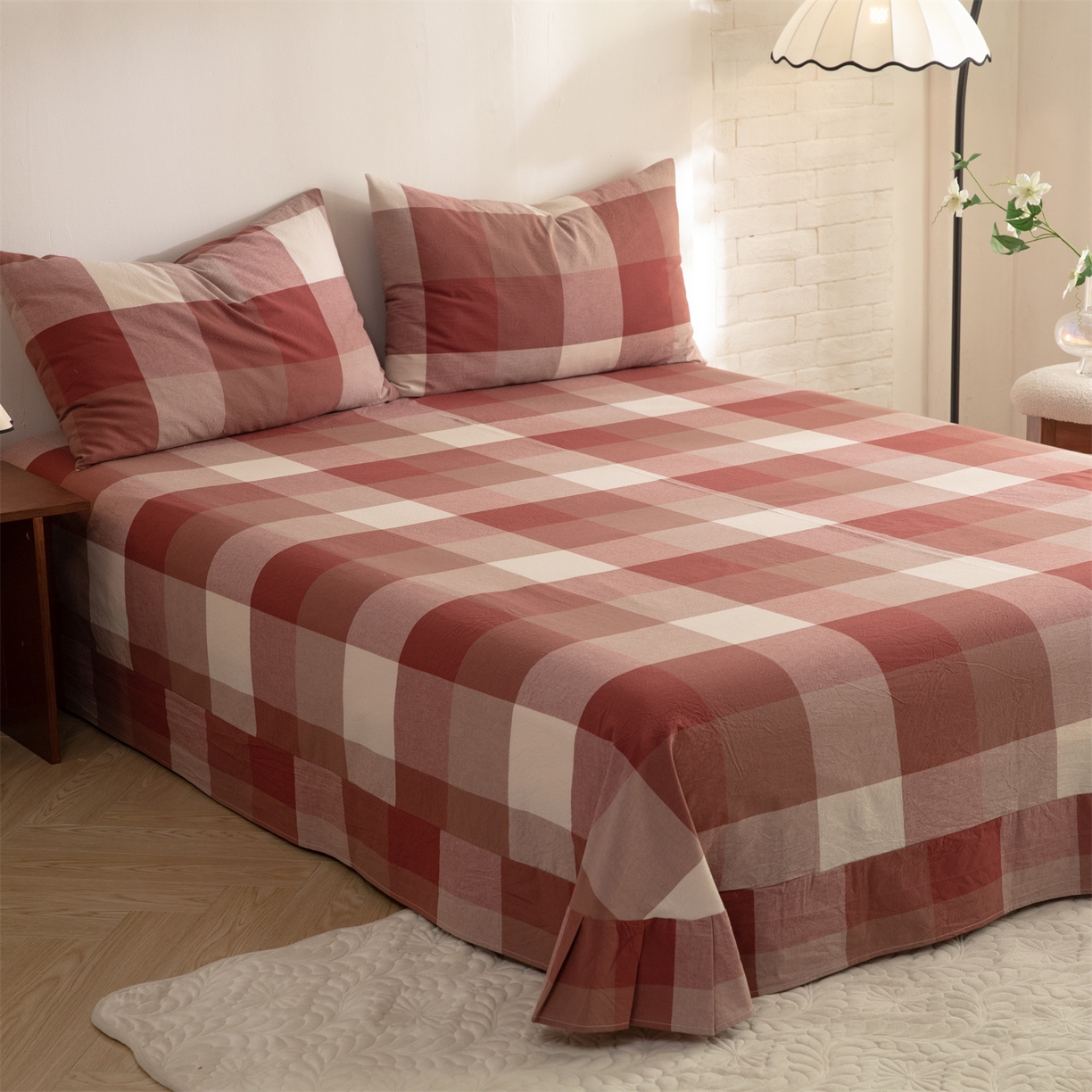 91家纺网 家纺一手货源 找家纺 棉小二 2026新款全棉色织水洗棉四件套-暮色格韵 暮色格韵红-千鸟格灰