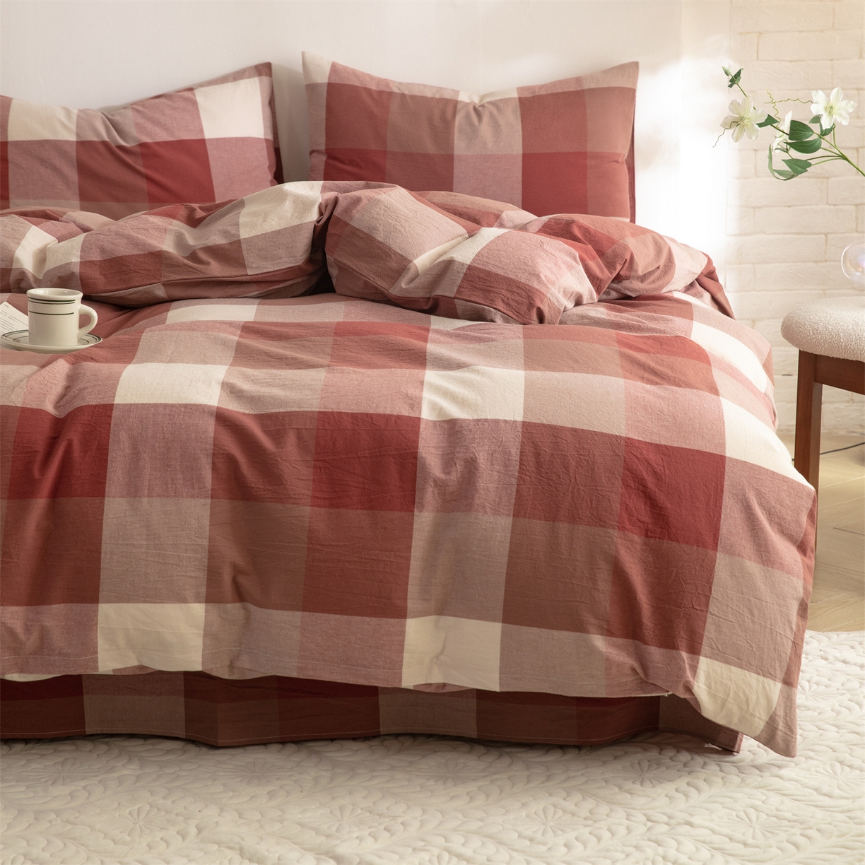 91家纺网 家纺一手货源 找家纺 棉小二 2026新款全棉色织水洗棉四件套-暮色格韵 暮色格韵红-千鸟格灰