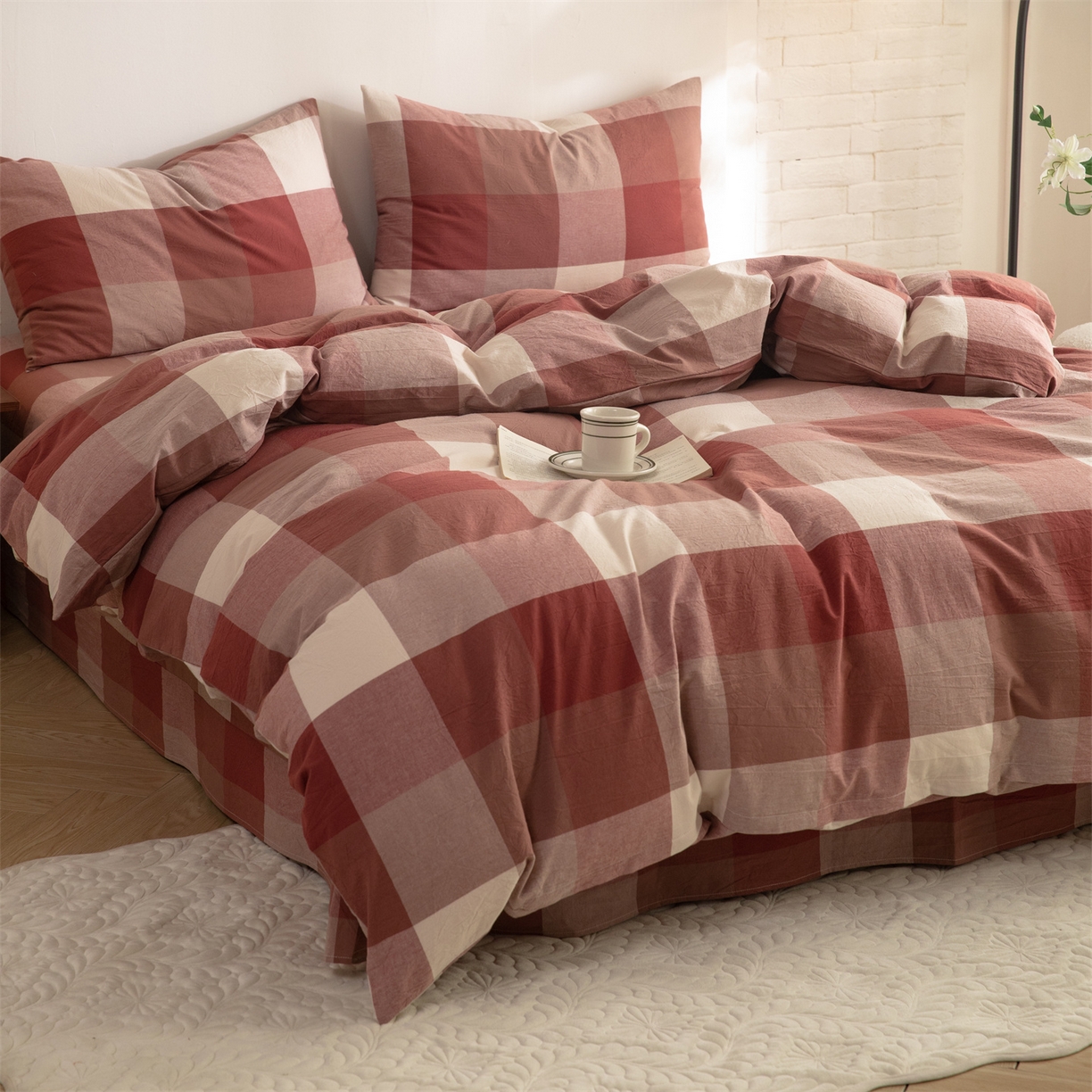 91家纺网 家纺一手货源 找家纺 棉小二 2026新款全棉色织水洗棉四件套-暮色格韵 暮色格韵红-千鸟格灰