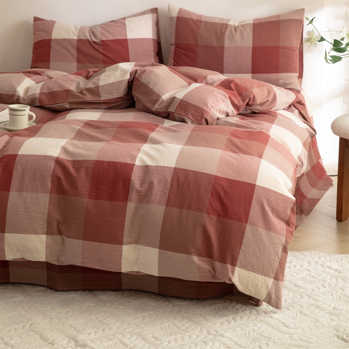 91家纺网 家纺一手货源 找家纺 棉小二 2026新款全棉色织水洗棉四件套-暮色格韵 暮色格韵红-千鸟格灰