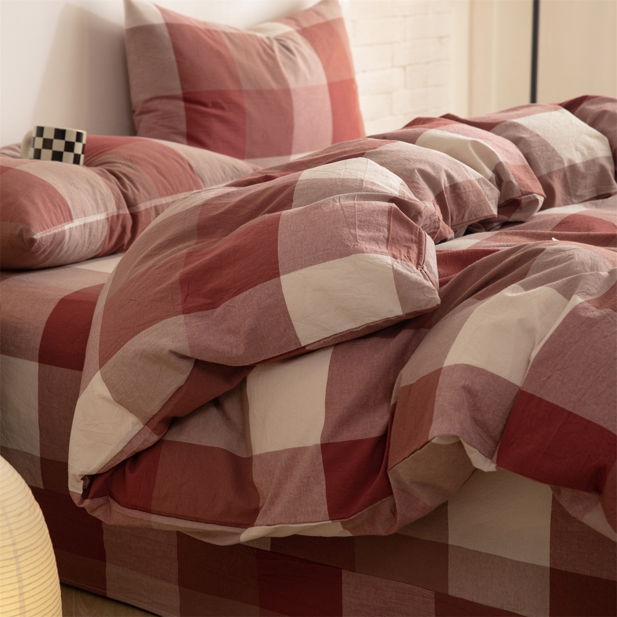 91家纺网 家纺一手货源 找家纺 棉小二 2026新款全棉色织水洗棉四件套-暮色格韵 暮色格韵红-千鸟格灰