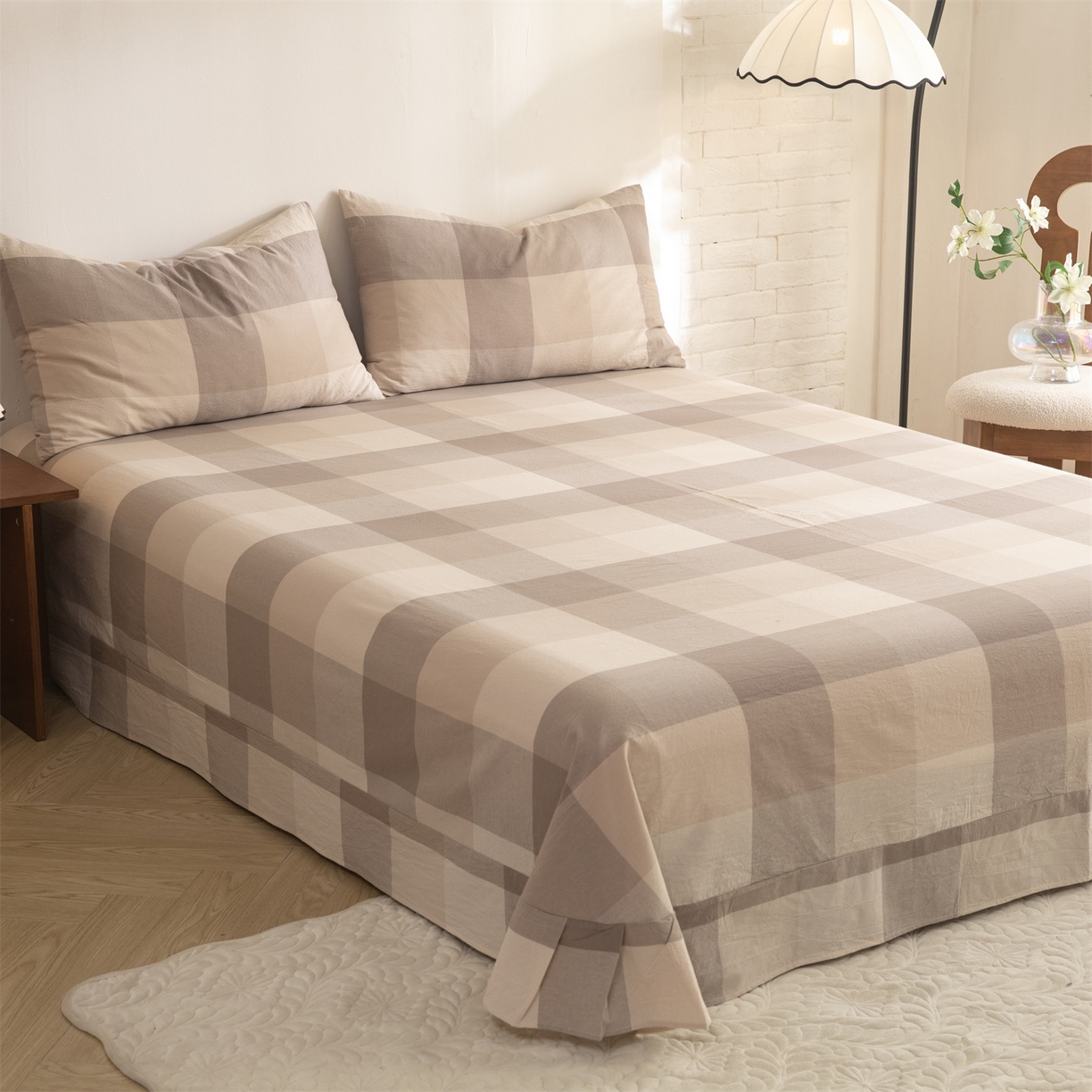 91家纺网 家纺一手货源 找家纺 棉小二 2026新款全棉色织水洗棉四件套-暮色格韵 暮色格韵卡其-千鸟格咖