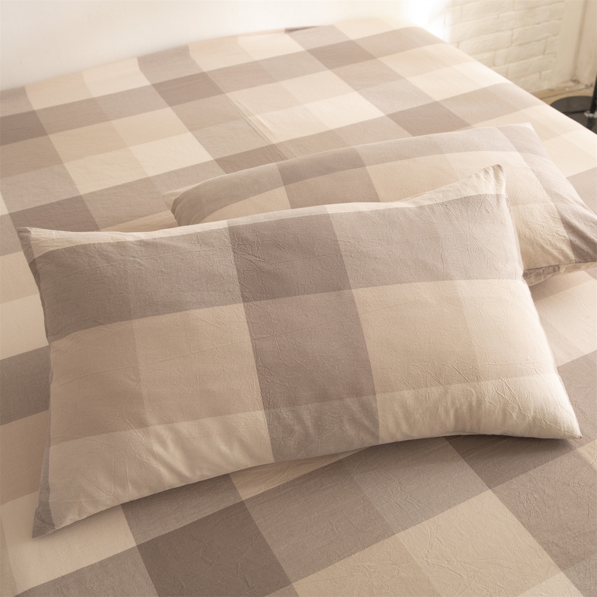 91家纺网 家纺一手货源 找家纺 棉小二 2026新款全棉色织水洗棉四件套-暮色格韵 暮色格韵卡其-千鸟格咖