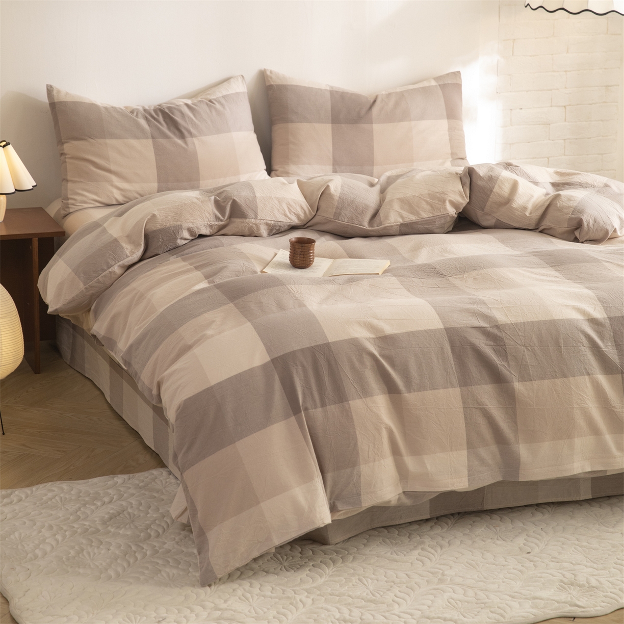 91家纺网 家纺一手货源 找家纺 棉小二 2026新款全棉色织水洗棉四件套-暮色格韵 暮色格韵卡其-千鸟格咖