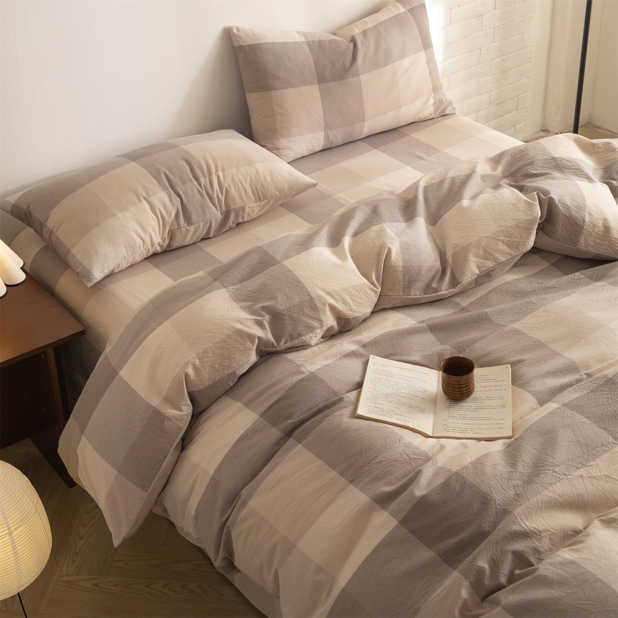 91家纺网 家纺一手货源 找家纺 棉小二 2026新款全棉色织水洗棉四件套-暮色格韵 暮色格韵卡其-千鸟格咖