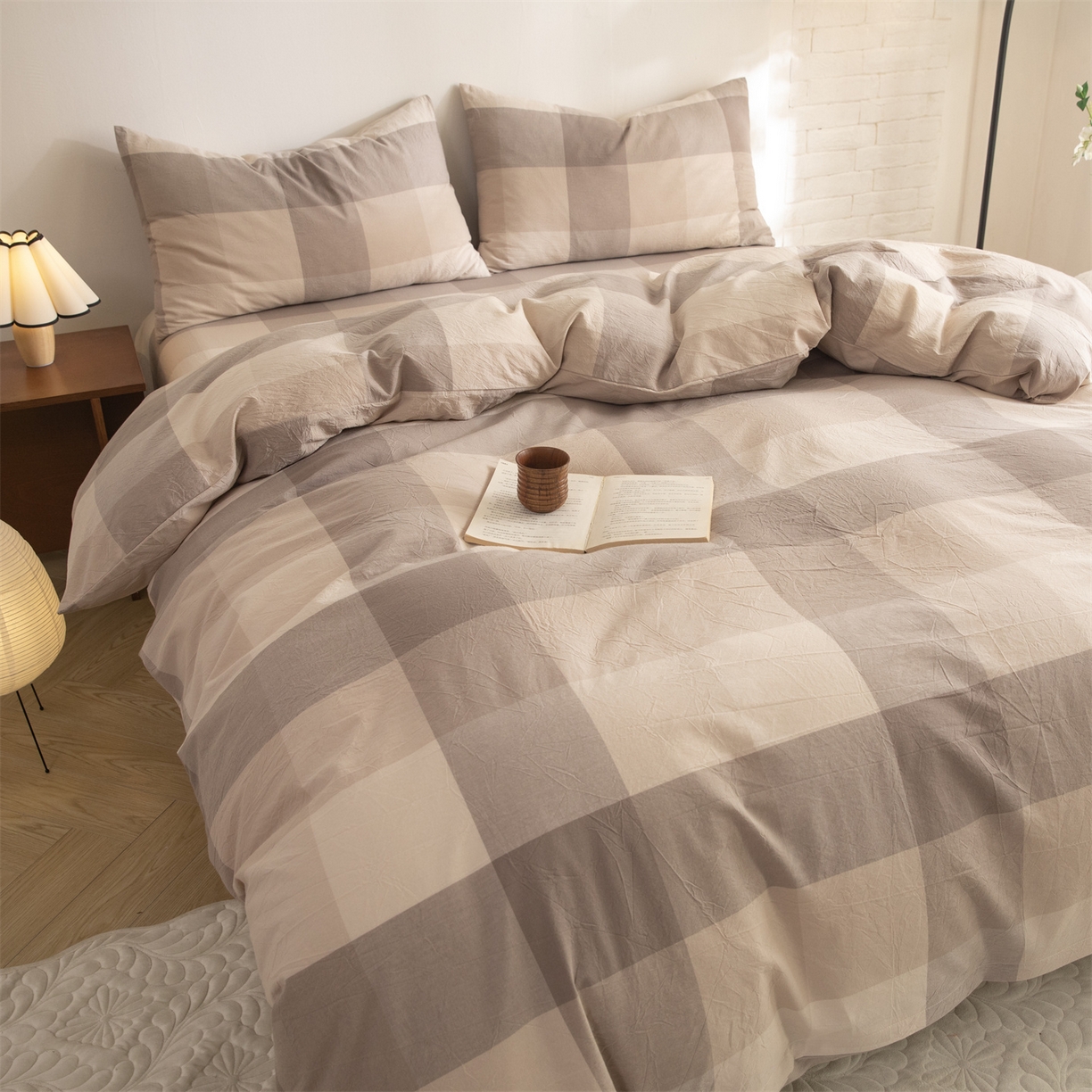 91家纺网 家纺一手货源 找家纺 棉小二 2026新款全棉色织水洗棉四件套-暮色格韵 暮色格韵卡其-千鸟格咖