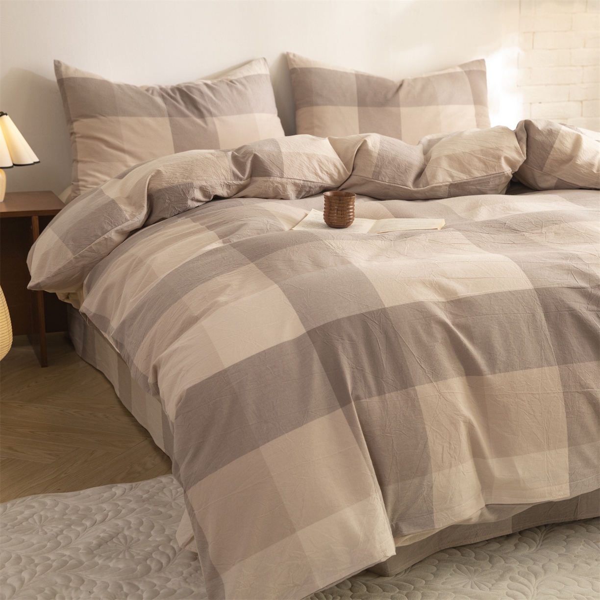 91家纺网 家纺一手货源 找家纺 棉小二 2026新款全棉色织水洗棉四件套-暮色格韵 暮色格韵卡其-千鸟格咖