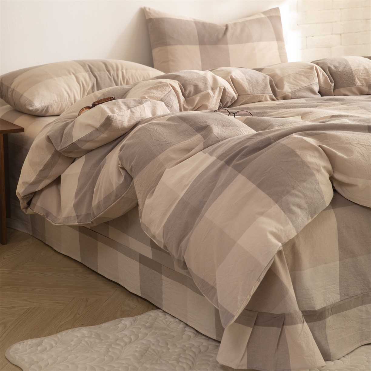 91家纺网 家纺一手货源 找家纺 棉小二 2026新款全棉色织水洗棉四件套-暮色格韵 暮色格韵卡其-千鸟格咖