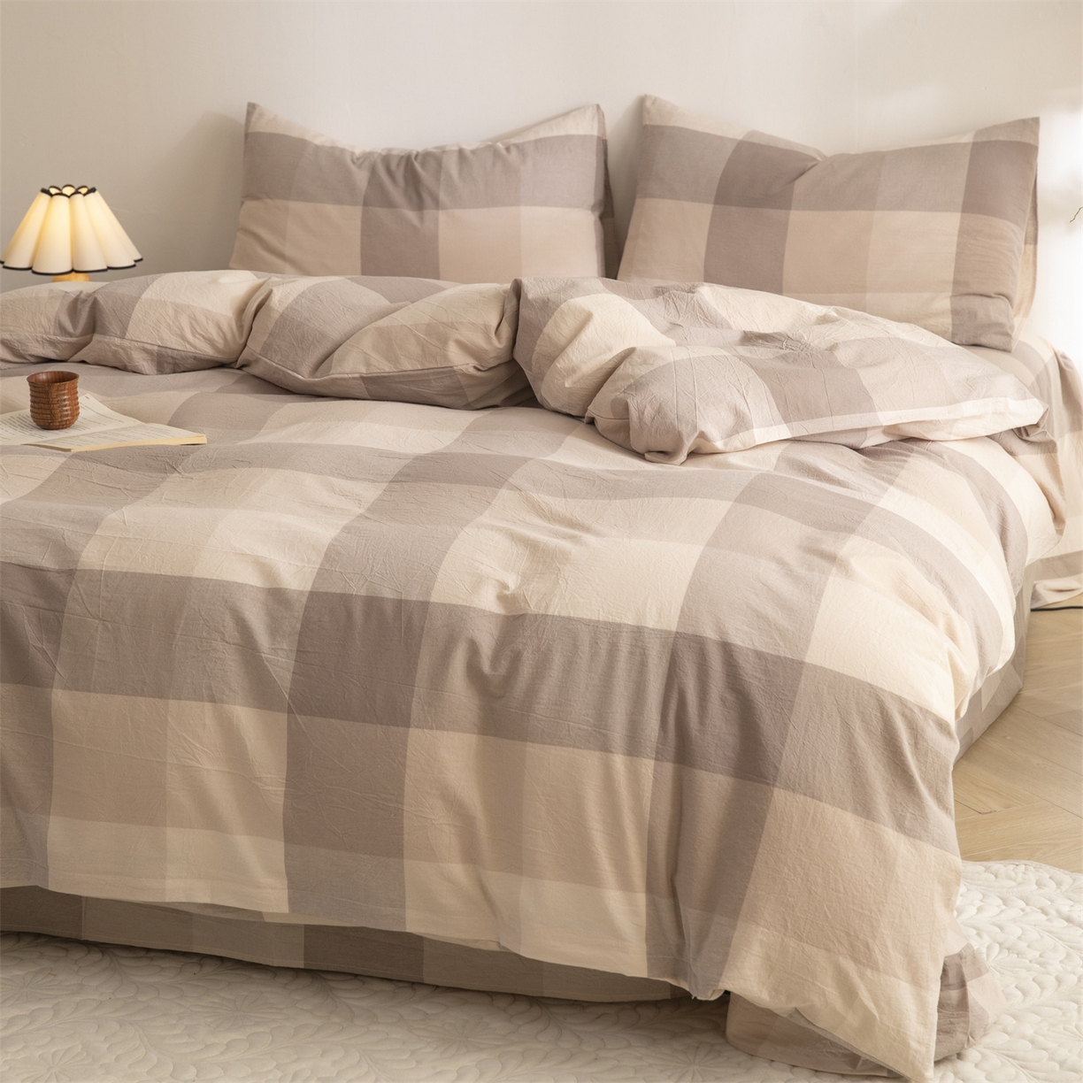 91家纺网 家纺一手货源 找家纺 棉小二 2026新款全棉色织水洗棉四件套-暮色格韵 暮色格韵卡其-千鸟格咖