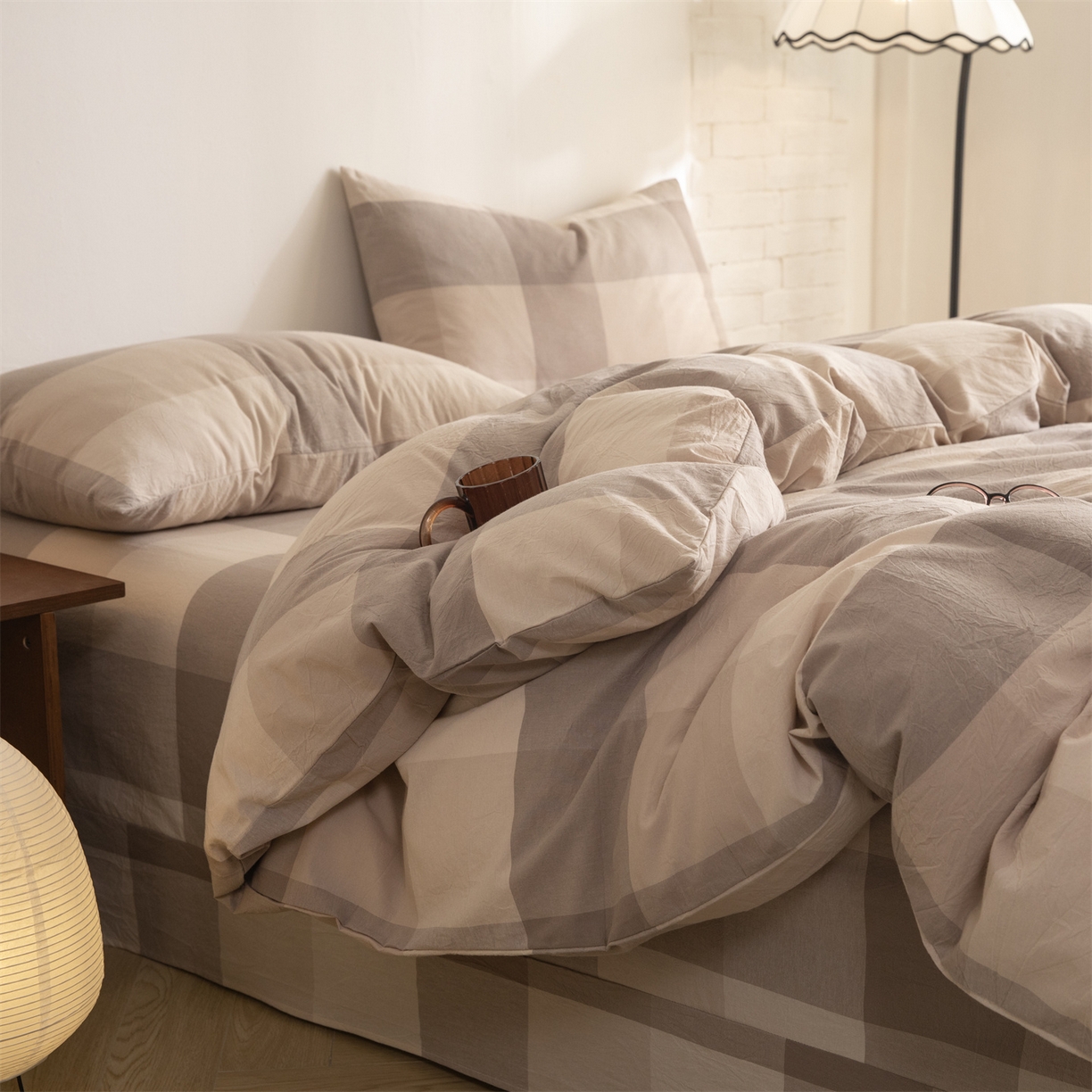 91家纺网 家纺一手货源 找家纺 棉小二 2026新款全棉色织水洗棉四件套-暮色格韵 暮色格韵卡其-千鸟格咖