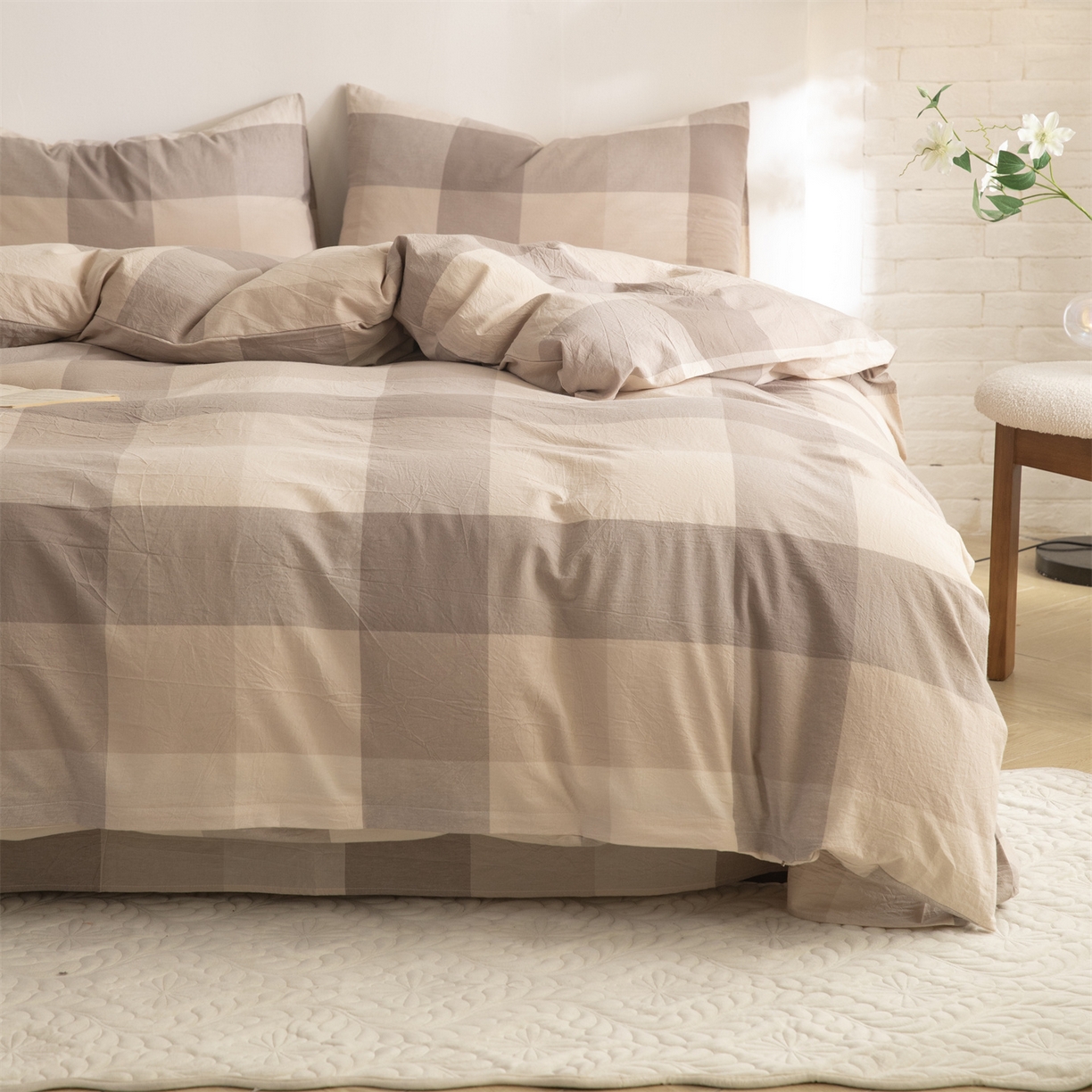 91家纺网 家纺一手货源 找家纺 棉小二 2026新款全棉色织水洗棉四件套-暮色格韵 暮色格韵卡其-千鸟格咖