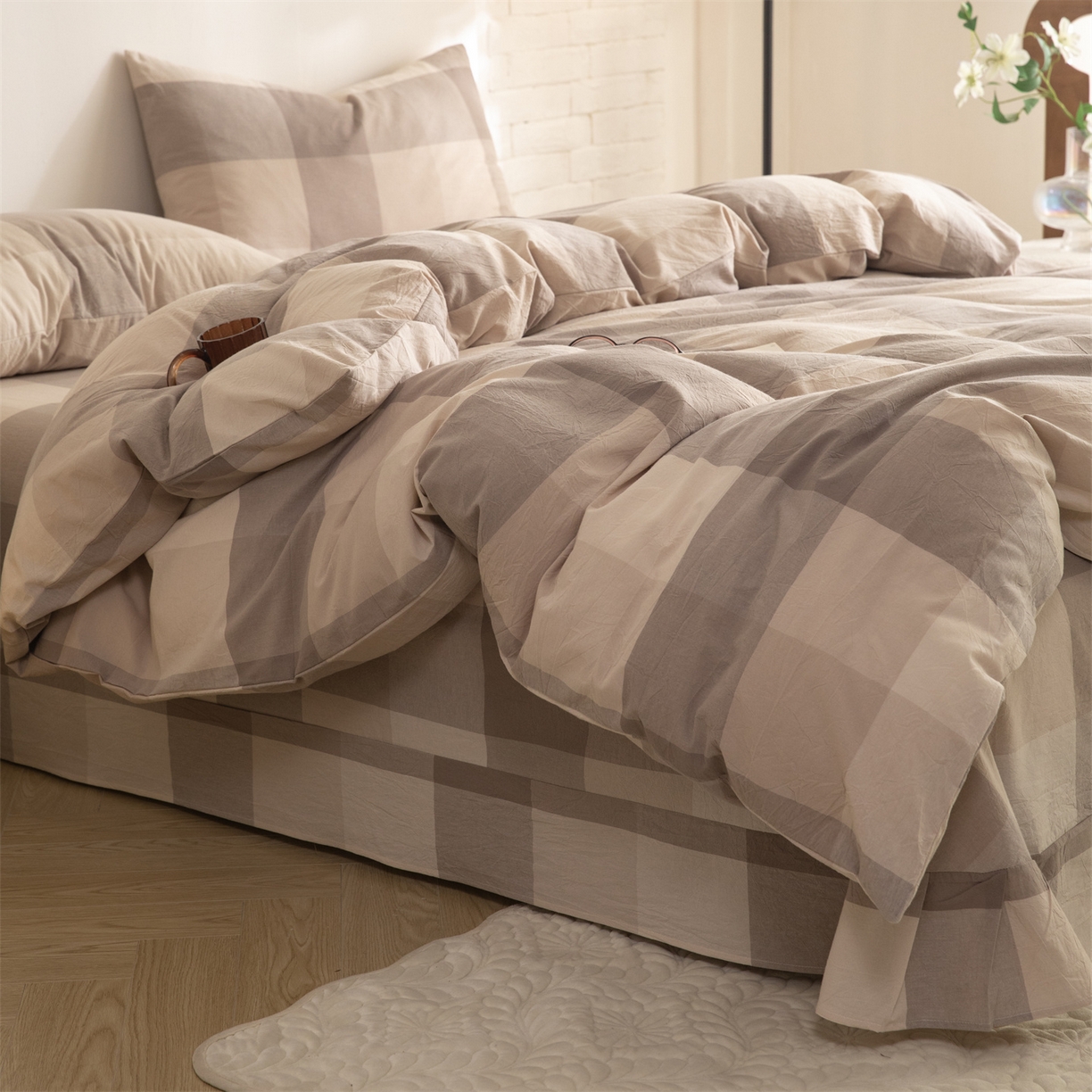 91家纺网 家纺一手货源 找家纺 棉小二 2026新款全棉色织水洗棉四件套-暮色格韵 暮色格韵卡其-千鸟格咖