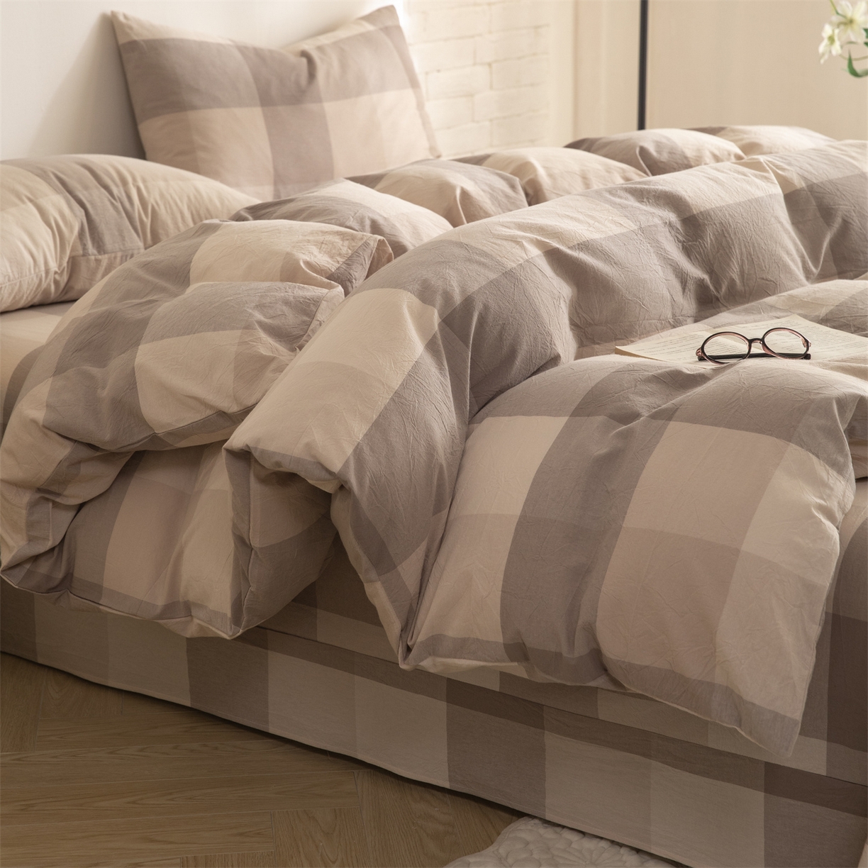 91家纺网 家纺一手货源 找家纺 棉小二 2026新款全棉色织水洗棉四件套-暮色格韵 暮色格韵卡其-千鸟格咖