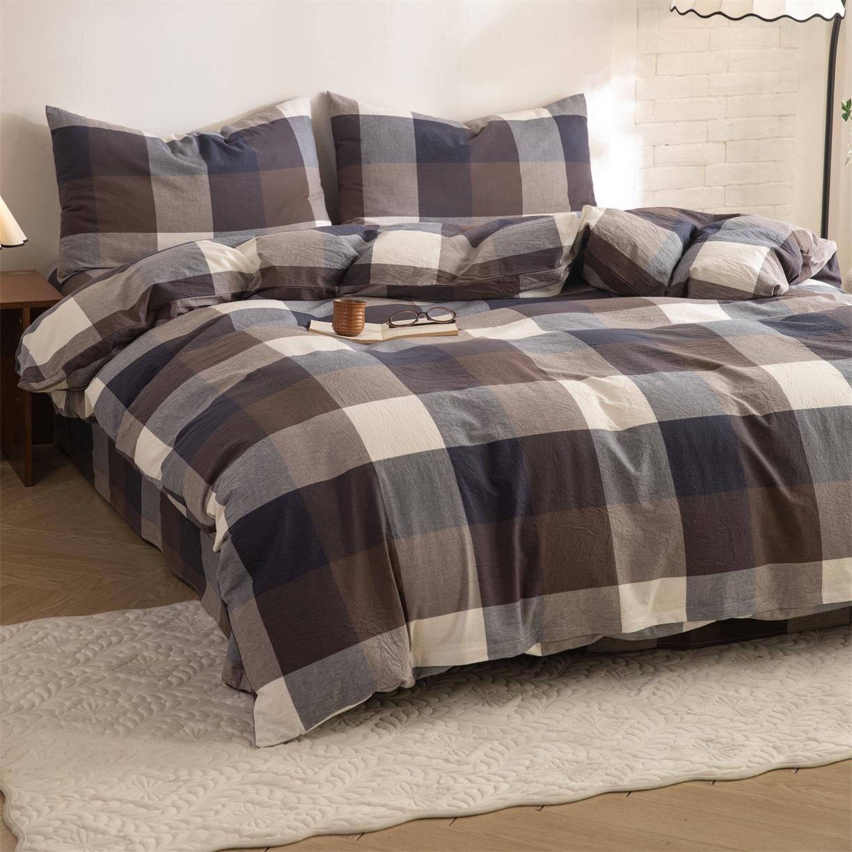 91家纺网 家纺一手货源 找家纺 棉小二 2026新款全棉色织水洗棉四件套-暮色格韵 暮色格韵蓝-千鸟格灰