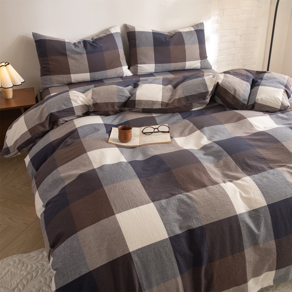 91家纺网 家纺一手货源 找家纺 棉小二 2026新款全棉色织水洗棉四件套-暮色格韵 暮色格韵蓝-千鸟格灰